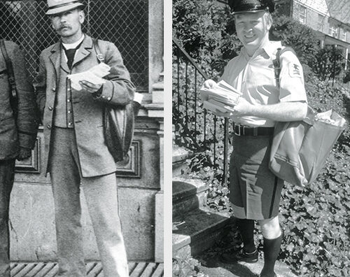 Postal uniforms from two eras.