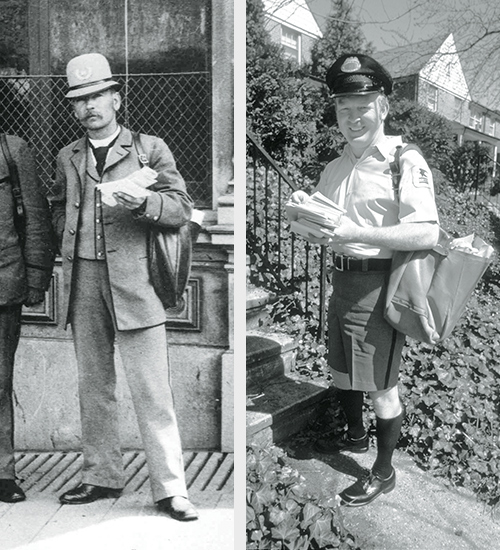 Postal uniforms from two eras.