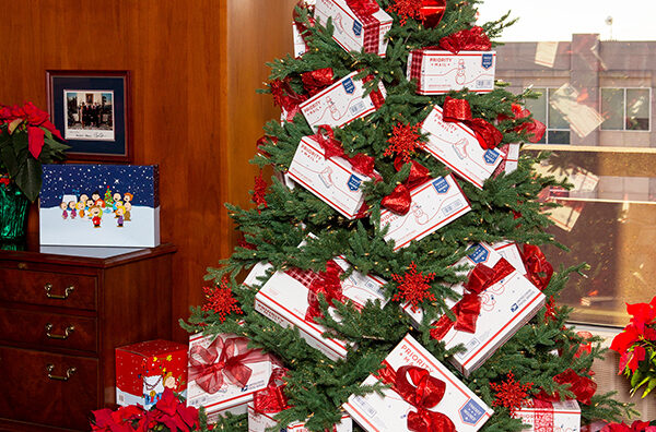 The Christmas tree in PMG Megan J. Brennan’s office is decorated with Priority Mail boxes for the holidays.