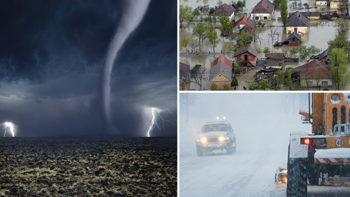 A photo of a tornado, flooded houses and vehicles during a snowstorm