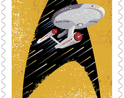 One of the four stamps shows the Starship Enterprise inside the outline of a Starfleet insignia