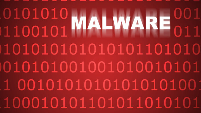 A red background with 0101 computer language and the word: Malware on it.