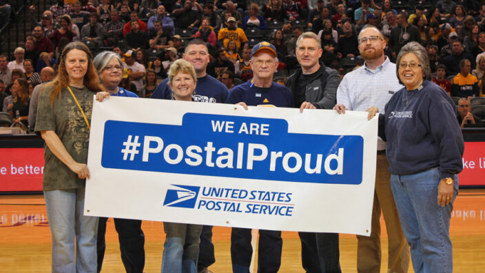 Greater Indiana District employees who showed they are #PostalProud include, from left, Rita Gilliam, Deena Brown, Angie Fette, Mark Farrell, Larry Massie, Mark Thornburg, Jake Turner and Jane Briones.