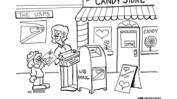 The Valentine’s Day coloring page created by Sycamore, OH, Postmaster Earl Musick.