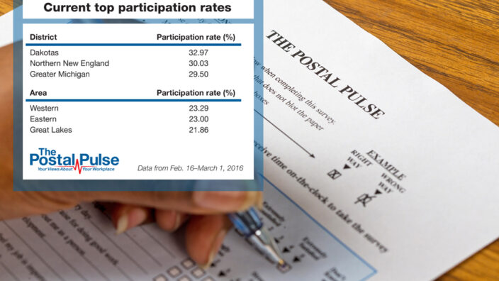 A Postal Pulse graphic, someone's hand holding a pen and a Postal Pulse form.