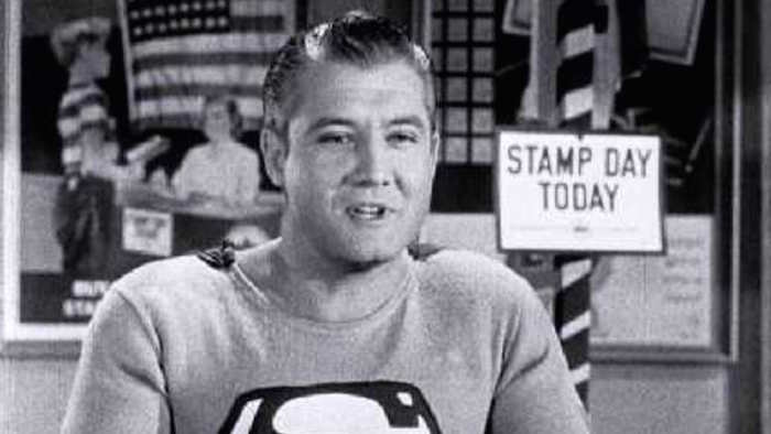 George Reeves plays the Man of Steel in the 1954 short film “Stamp Day for Superman.” Image: U.S. Treasury Department