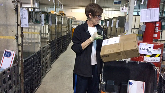 Grand Rapids, MI, Mail Processing Clerk Sharon Witt scans a package recently.