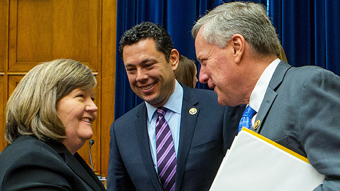 PMG Megan J. Brennan speaks with House Oversight Committee Chairman Jason E. Chaffetz (R-UT) and Government Operations Subcommittee Chairman Mark R. Meadows (R-NC) May 11.