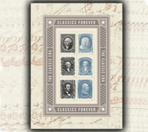 The Classics Forever stamps, featuring a water soluble adhesive