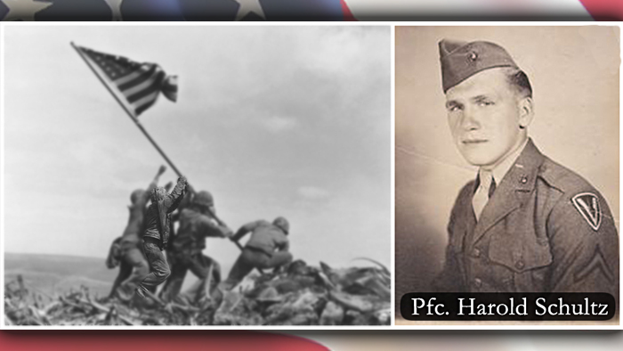 A Marine Corps image highlights Pfc. Harold Schultz, second from left, in the Feb. 23, 1945, flag-raising on Iwo Jima.