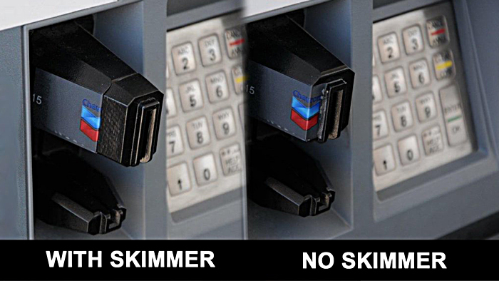 This image from the CyberSafe at USPS team shows how skimmers are placed over credit card readers to steal consumers’ information.