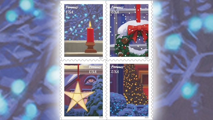 The Holiday Windows stamps will be among several holiday-themed stamps issued this year.