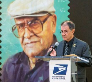 Jaime Escalante II, who took the photograph of his father used for the stamp illustration, speaks.
