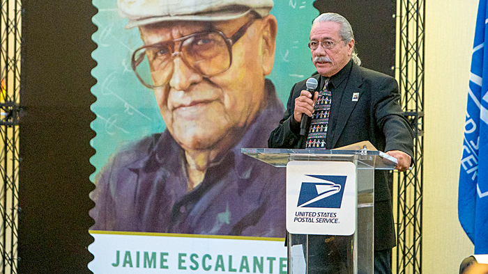 Edward James Olmos, who played Jaime Escalante in “Stand and Deliver,” speaks at the stamp dedication.