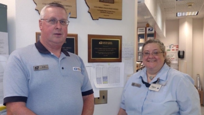 The Columbia Falls, MT, Post Office was a recent weekly winner in the PO Box contest. Employees who received recognition include, from left, retail associates Robert Childers and Kay Koppenhaver.