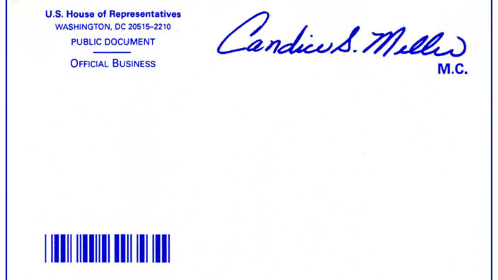 Franked Mail shows a Congress member’s signature — the frank — in the upper right hand corner of the envelope.