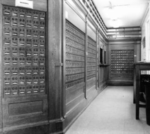 An archival photo of the A PO Boxes inside the Hinsdale, NH, Post Office