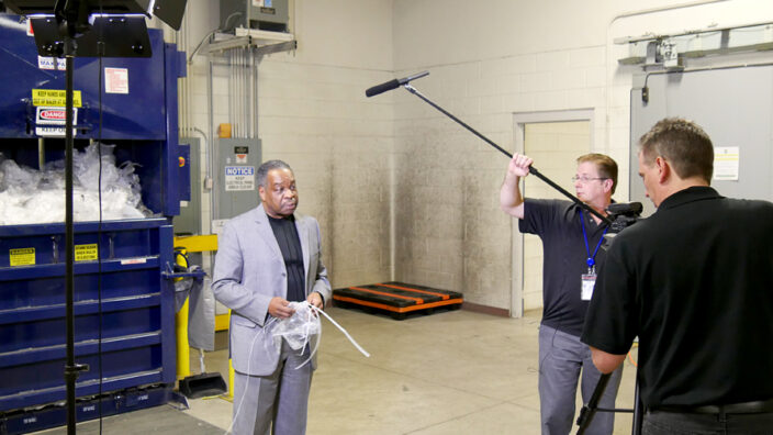 Detroit District Human Resources Manager Lee Ward films a sustainability video with help from acting multimedia specialists Steve Waldorf and Ken Behm.