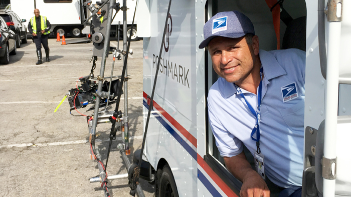 Glendale, CA, Letter Carrier Jose Reynoso gets ready to film a Postal Service TV ad last summer.