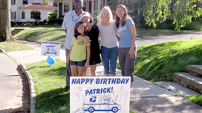 Madison, NJ, Letter Carrier Patrick Mitchell with customers Molly Breckman, her mother Beth Landau, Tammy Pearsall and Maria Beacom.