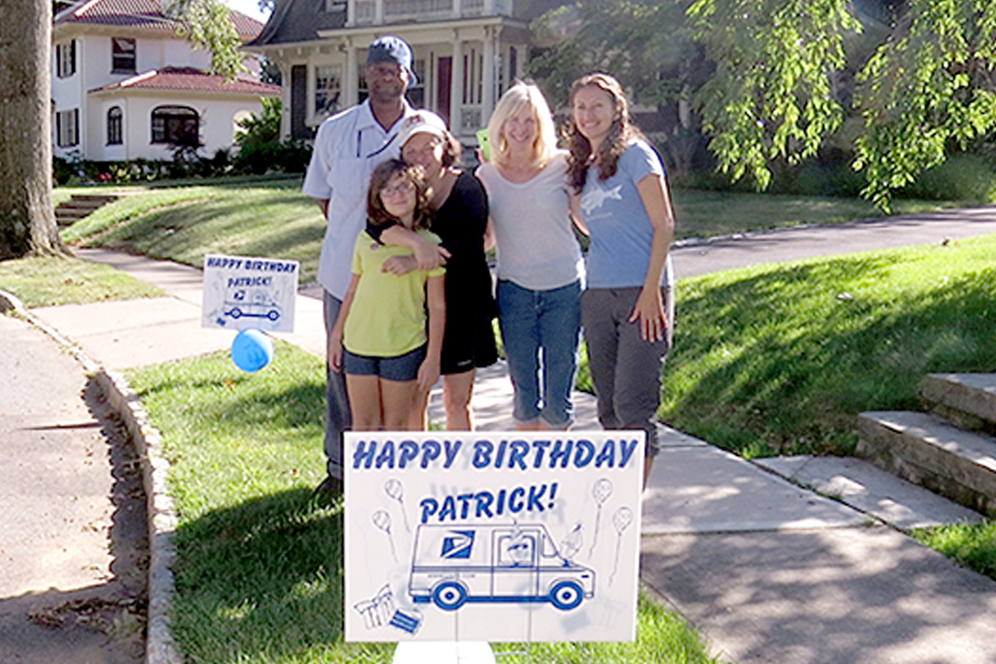Madison, NJ, Letter Carrier Patrick Mitchell with customers Molly Breckman, her mother Beth Landau, Tammy Pearsall and Maria Beacom.