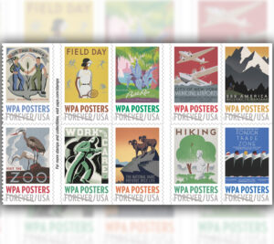 The WPA Posters stamps will celebrate the striking and utilitarian artworks used to promote the Work Projects Administration, a broad-reaching program that provided millions of jobs during the Great Depression.