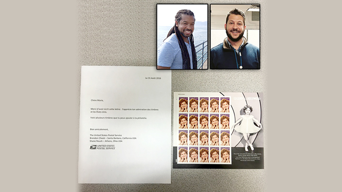 Santa Barbara, CA, Retail Associate Brandon Cheek, left, and Athens, OH, Customer Services Supervisor Shane Roush joined forces to fulfill a French girl’s stamp request.