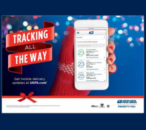 The Postal Service’s mobile delivery updates are showcased in this promotional piece.