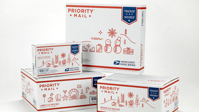 Holiday-themed Priority Mail boxes are among the shipping supplies available from USPS this year.