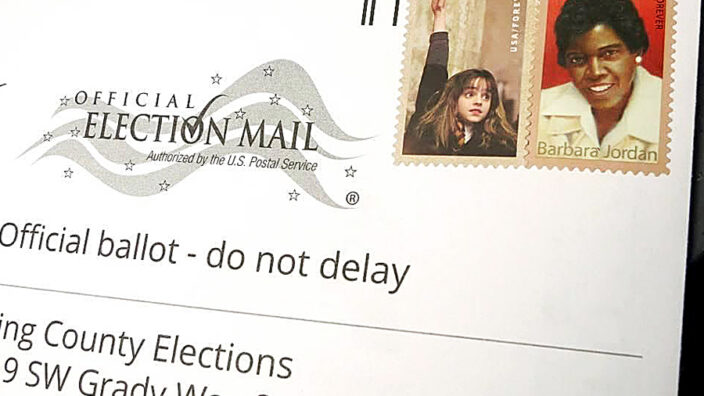 One voter used Harry Potter and Barbara Jordan stamps to mail a ballot. Image: KUOW.org