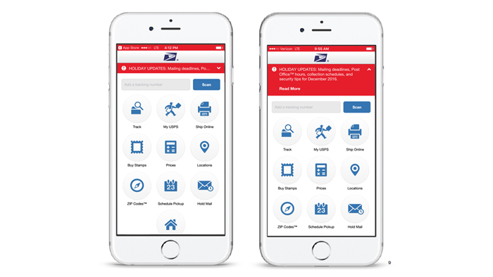 The USPS service alerts appear in a red bar at the top of the screen on mobile devices.