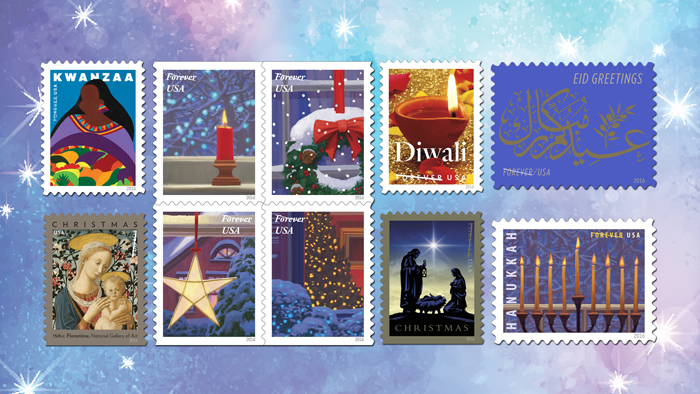 The Postal Service’s holiday stamp offerings include Kwanzaa, Holiday Windows, Diwali, Eid Greetings, Florentine Madonna and Child, Nativity and Hanukkah.