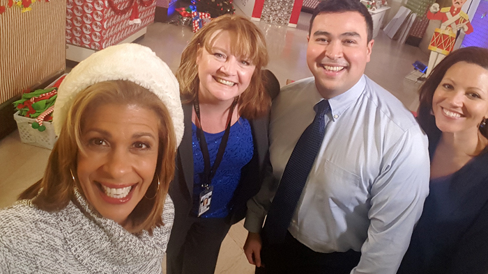 “Today” co-host Hoda Kotb is joined by Sr. Public Relations Representative Darleen Reid-DeMeo, Acting Communications Program Specialist Xavier Hernandez and Federal Compliance Chief Counsel Natalie Bonanno during the filming of the Operation Santa segment.