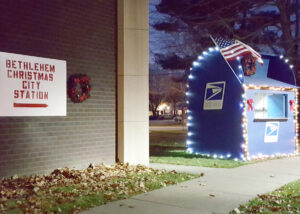 The Bethlehem Post Office has set up a temporary retail station that resembles a blue collection box.