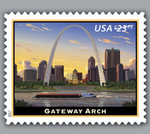 The Gateway Arch Priority Mail Express stamp celebrates the famous landmark, originally built as a memorial to President Thomas Jefferson and 19th-century traders and pioneers for whom St. Louis was the gateway to the west.