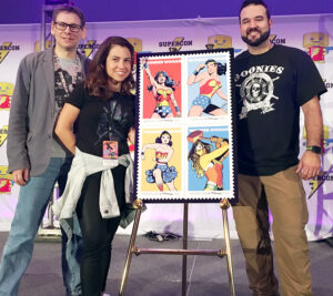 South Florida District’s special dedication of the Wonder Woman stamps featured, from left, puppeteer Brian Herring, comedienne Lisa Corrao and actor Austin St. John