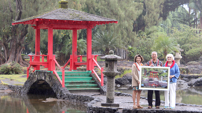 Participants gather for a special dedication of the Lili’uokalani Gardens Priority Mail stamp in the gardens in Hilo, HI.