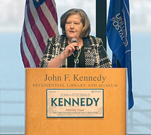 The PMG addresses the audience at the ceremony, which was held at the John F. Kennedy Presidential Library and Museum in Boston.
