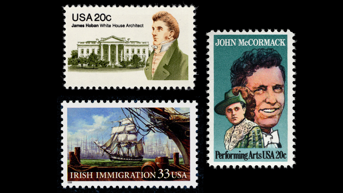 Three postage stamps celebrating Irish-American history