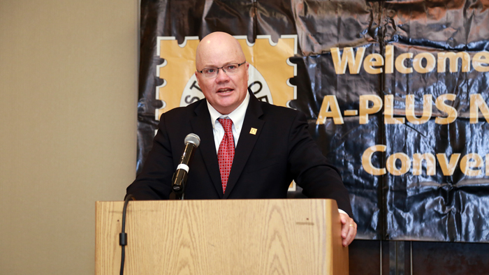 USPS David Williams speaks at podium