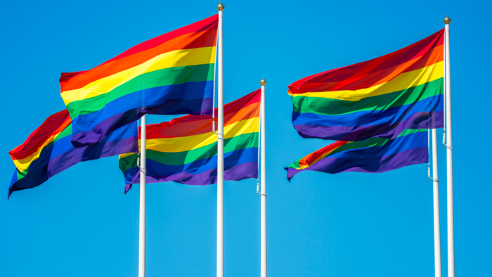 Five rainbow flags flying