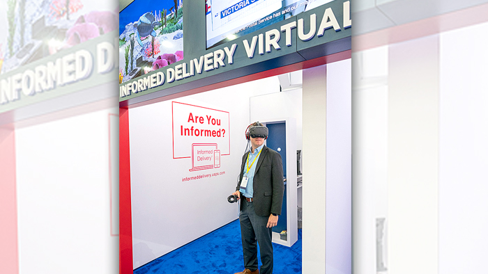 Attendee wearing virtual reality head gear