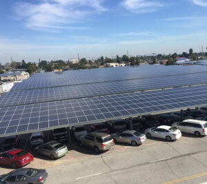 Solar panels on carport at USPS facility