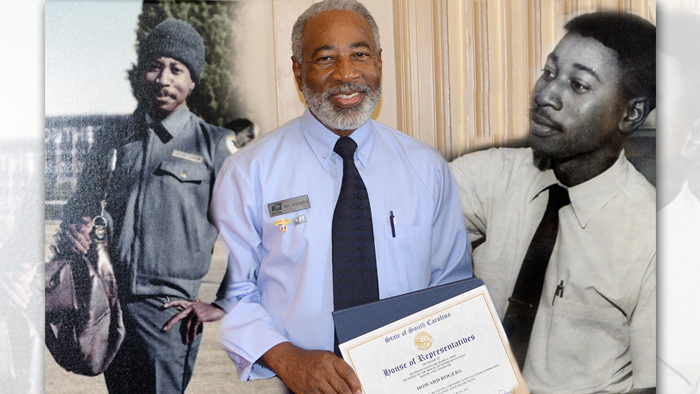 USPS employee in middle with two black and white photographs