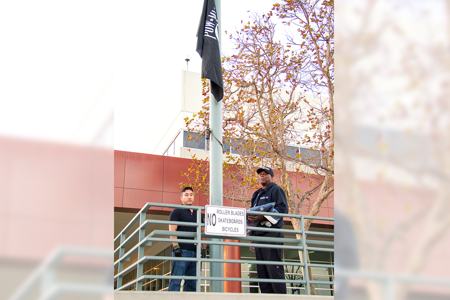 Two USPS employee raise flag