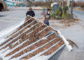 Two men carry storm debris