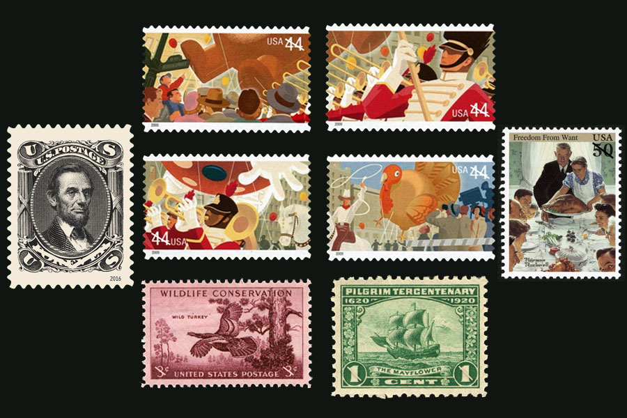 Eight Thanksgiving stamps on black background