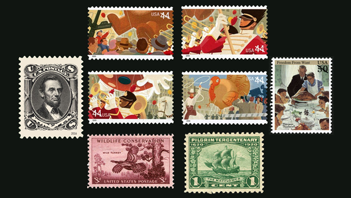 Eight Thanksgiving stamps on black background