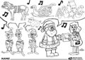 Coloring page showing Santa Claus, elves and a USPS employee