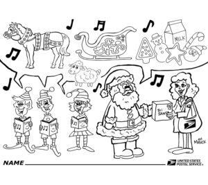 Coloring page showing Santa Claus, elves and a USPS employee